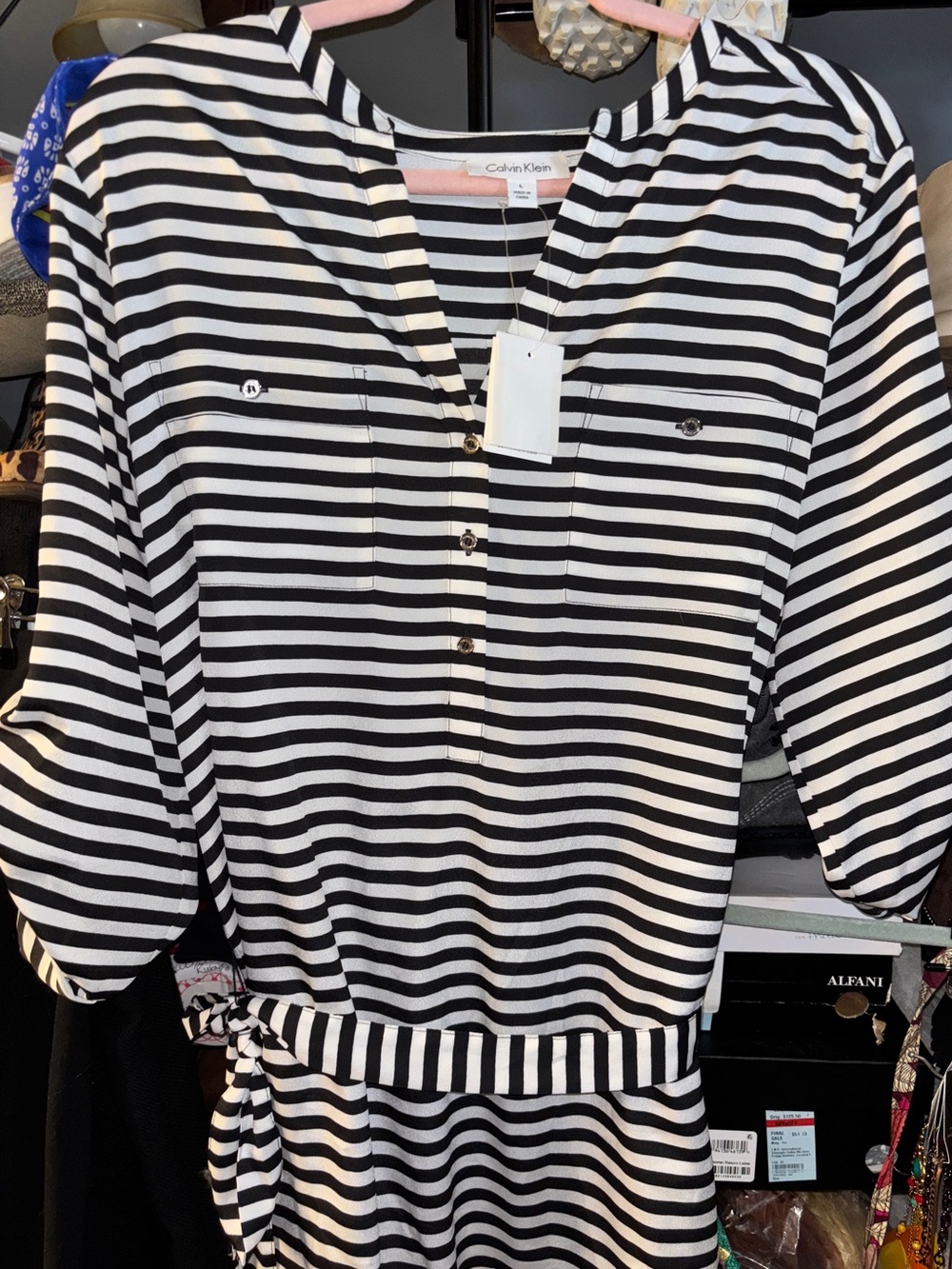 Calvin Klein Black and White Striped Button-Front Dress with Waist Tie